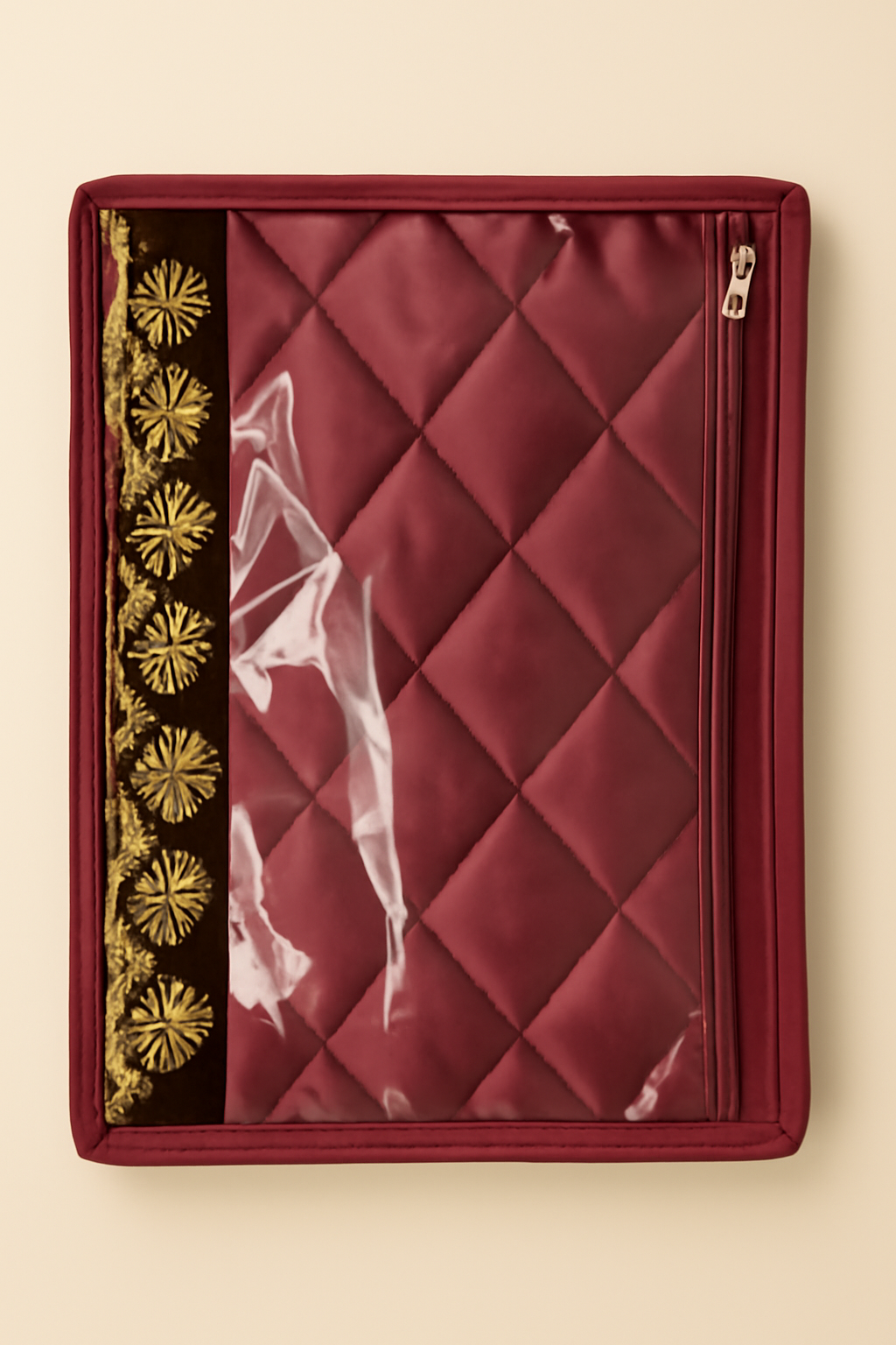 Maroon Quilted Saree Cover – Pack of 2 with Transparent Window & Embroidered Border