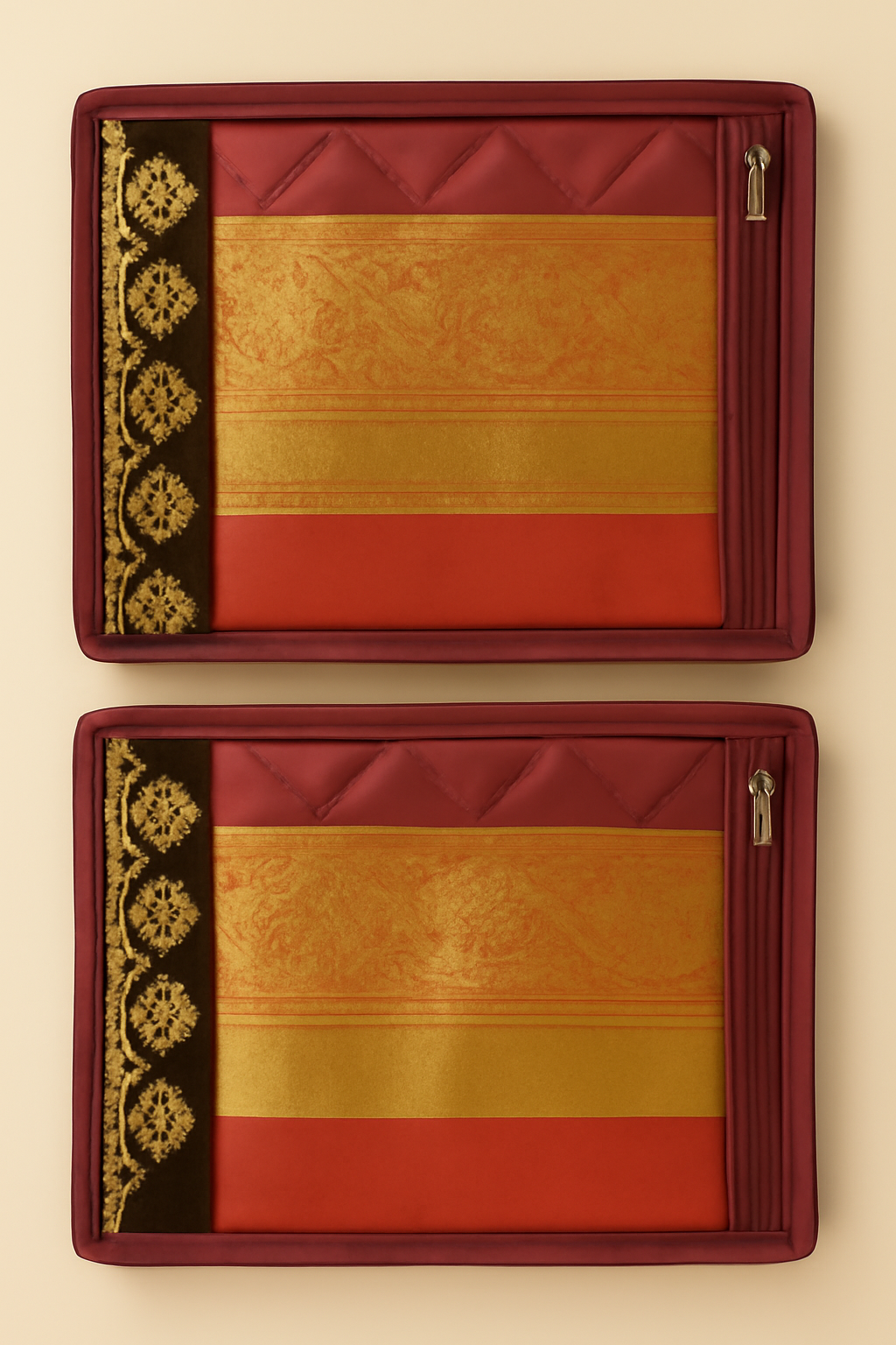 Maroon Quilted Saree Cover – Pack of 2 with Transparent Window & Embroidered Border