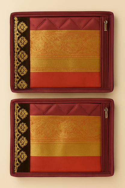 Maroon Quilted Saree Cover – Pack of 2 with Transparent Window & Embroidered Border
